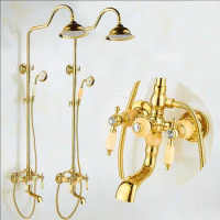 4 Color gold plated jade rain shower faucet mixer tap, Brass diamond shower faucet head set, Bathroom shower faucet wall mounted