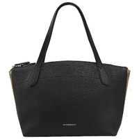 【BURBERRY 巴寶莉】經典皮革棉麻格紋拼接肩背大托特包(黑)