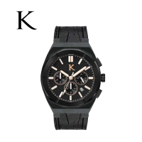 【KLEIN 荷蘭克萊恩】強悍系列全黑三眼計時日期顯示皮帶腕錶-附限量天然火山石手環