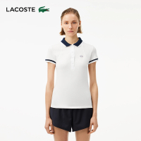 【LACOSTE】母親節首選女裝-法國製造條紋網眼短袖Polo衫(白色)