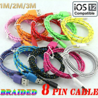 100pcs 1M/2M/3M Round Fabric Braided Rope 8pin Usb Charger Sync Data Phone Cable For iPhone 13 12 11 XS Max XR X for Ipad 4/mini