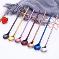 New Eco-Friendly Stainless Steel Long Metal Drinking Straw with Spoon Stirring Gift Brushes Yerba Mate Teaspoon Bar Accessories