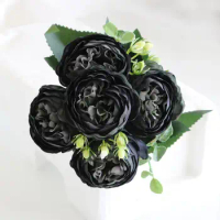 Black Rose Artificial Silk Peony Flower 5 Big Head 4 Small Bud Bouquet Home Wedding Decoration Fake Flowers Valentine's Day Gift