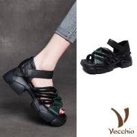 預購 Vecchio 真皮涼鞋 厚底涼鞋/真皮頭層牛皮縷空立體線條厚底涼鞋(黑)