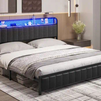 bed King Size Bed Frame with LED Lights Headboard Bed Dark Grey