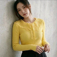 Bella Lace Collar Top - Atasan Rajut Rib Lengan Panjang Renda Style Korea kuning