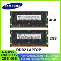 1/2PCS SAMSUNG DDR2 Memory RAM SODIMM Notebook 4GB 2GB 667Mhz PC2-5300s 800MHz PC2-6400S Non ECC Unbuffered 1.8V CL5 2RX8 Laptop