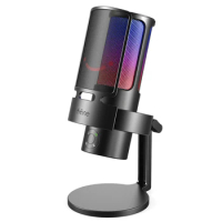 FIFINE Gaming USB Microphone with RGB Vol Control,Condenser Mic with 4 Polar Patterns for Recording 