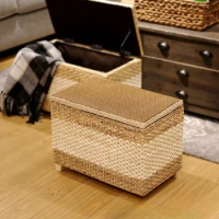 Natural Rattan Weaving Stool Chair Multifunctional Storage Box Flip Over Foot Stool Removable Washable Lining