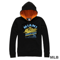 MLB-邁阿密馬林魚隊運動風印花連帽長袖厚T恤-黑 (女)