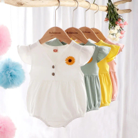 BA onesie-jumpsuit kapas lembut untuk bayi baru lahir, ba backhoe, comel, sulaman daisy, gadis kecil