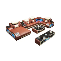 Linlamlim Luxury Living Room Sofa Italian Genuine Leather Couch with Bluetooth Speaker, USB and LED Light+ Coffee Table,TV Stand