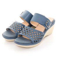 【CUMAR】鏤空皮革楔型涼鞋楔型涼拖鞋(藍色)