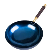 Blue Round Bottom Wok,30cm Chinese Hammered Pow Wok 2mm Thickness Pre-Seasoned Cooking Pot Kitchen Cookware Wok for Gas Stoves