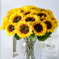 Silk Artificial Sunflower Autumn Yellow Sunflowers Flowers Bouquet For Home Decoration Office Wedding Party Garden Decor