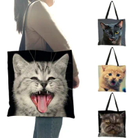 3 D Vivid Cat Reusable Shopping Bag Women Casual Totes Bags With Print Linen Handbags