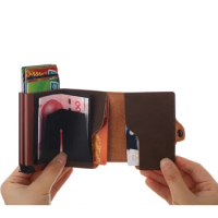 Casekey Mens Wallet Card Holder Double Aluminum Leather Credit Card Holder RFID Metal Wallet Automatic Purse ID Cardholder
