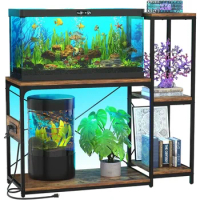 Fish Tank Stand with Power Outlet &amp; LED Light, Reversible Wood Aquarium Stand with Shelves for Fish Tank Accessories Storage