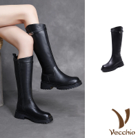 【Vecchio】真皮長靴 長筒長靴/真皮頭層牛皮經典版型皮帶釦式長筒騎士靴 長靴(黑)