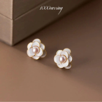 1000earring 925 Sterling Silver White Camellia Stud Earrings - Gold