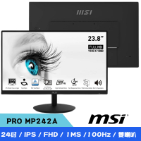 【MSI 微星】PRO MP242A 24吋 IPS FHD平面護眼螢幕(DP+HDMI+VGA/內建喇叭/100Hz)