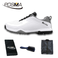 高爾夫球鞋 男士防水運動鞋 緩震中底防側滑鞋 GSH108 白 灰 配POSMA鞋包 2合1清潔刷 高爾夫球毛巾