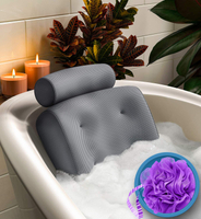 新款歐美熱賣浴缸枕4個吸盤加口袋100%滌綸浴缸靠枕泡澡浴枕