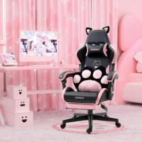 Cute Gaming Chair With Cat Paw Lumbar Cushion and Cat Ears Ergonomic Computer Chair With Footrest Black Pink Freight Free Gamer