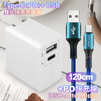 TOPCOM Type-C(PD)+USB雙孔快充充電器+CITY勇固Micro USB編織快充線-120cm-藍