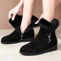 Women Flats Shoes Platform Fur Crystal Luxury Chelsea Ankle Boots Winter New Trend Warm Short Plus Cotton Goth Snow Boots
