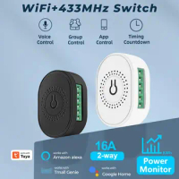 Tuya 16A Wifi + RF 433 Mini Switch With Power Mornitor Double-way Timer Relay Smart Life Breaker Work With Alexa Home