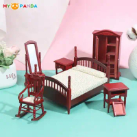6PCS/Set 1:12 Dollhouse Miniature Furniture Wooden Bedroom Set Bed Bedside Table Closet Rocking Chair Cabinet Dresser Mirror