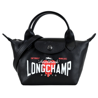 LONGCHAMP X心有所屬EU聯名LE PLIAGE CUIR系列小羊皮短把手提/斜背兩用包(迷你/黑)