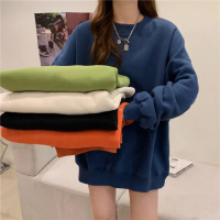 【D.studio】韓版中長款寬鬆內刷毛長袖上衣(大學T女裝衣服寬鬆上衣顯瘦上衣長袖t恤冬裝發熱衣 W466)