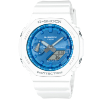 【CASIO 卡西歐】G-SHOCK 八角錶殼耐衝擊運動雙顯腕錶/白x藍面(GA-2100WS-7A)