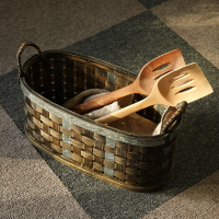 竹編鍍鋅收納筐附把手 美式鍍鋅鐵藝收納筐鏤空編織雜物籃