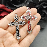 5pcs 55x36mm Enamel Bloody Red Cross With Pattern Charms Solemn Religious Pendant Fit DIY Handmade Jewelry Making Finding