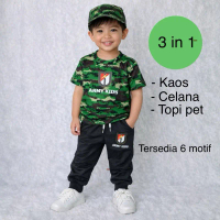 Army Kids Setelan Anak Laki-laki baju lengan pendek & Celana Hitam panjang dengan Topi pet Pakaian A