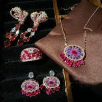 Women Tourmaline Abacus Rainbow Gemstone Ring Plated 18K Gold Rouge Zirconia Necklace Earrings
