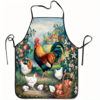 1pc Rooster & Chickens Orchard Print Polyester Apron - Chicks, and Fruits - Perfect for Home Kitchen
