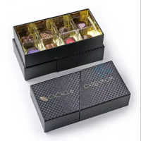 Custom 2 Layer Black Chocolate Truffle Paper Packaging Box With PVC Insert Luxury Open Door Chocolate Gift Boxes