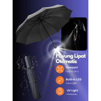 Payung Lipat Otomatis Dengan Senter LED Rangka Fiberglass 8 Tulang Lipat 3 Tahan Angin Premium Black