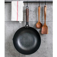 For Carbon Pan Wooden Induction Wok Bottom And Frying Flat Lid Stir Fry Non-stick Electric With 32cm Stove Gas Set Steel