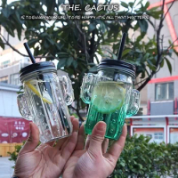 Creative Cactus Style Water bottles Transparent Jucier glasses Milk bottle with a straw Big size Handy Bottles
