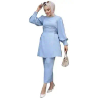 Muslim 2 Piece Set Women Tops Straight Pants Suit Ramadan Lace Up Morocco Dubai Islam Casual Ensembl