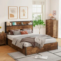 Extra large lifting storage bed, wooden platform bed frame, with storage headboard and charging station, easy to assemble