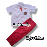 Setelan Seragam Sekolah SD Merah Putih Baju Putih Pendek Celana Merah Panjang Untuk Anak Laki-laki