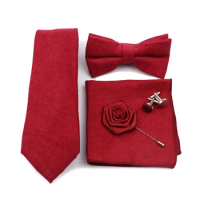 Fashion Men's Tie 5pc Set Solid Color Corduroy Red Rose Pocket Square Necktie Accessories Daily Wear Wedding Party Gift For Man