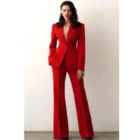 Tesco Casual Women's Suit Sets V-Neck Blazer And Straight Leg Trouser 2 Piece Red Formal Pantsuit For Evening Party Event Outfit