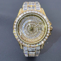 2024 New Gold Color Cuban Chain Watch for Men,Hip Hop Miami Curb,Iced Out Paved Rhinestones,Bling Ra